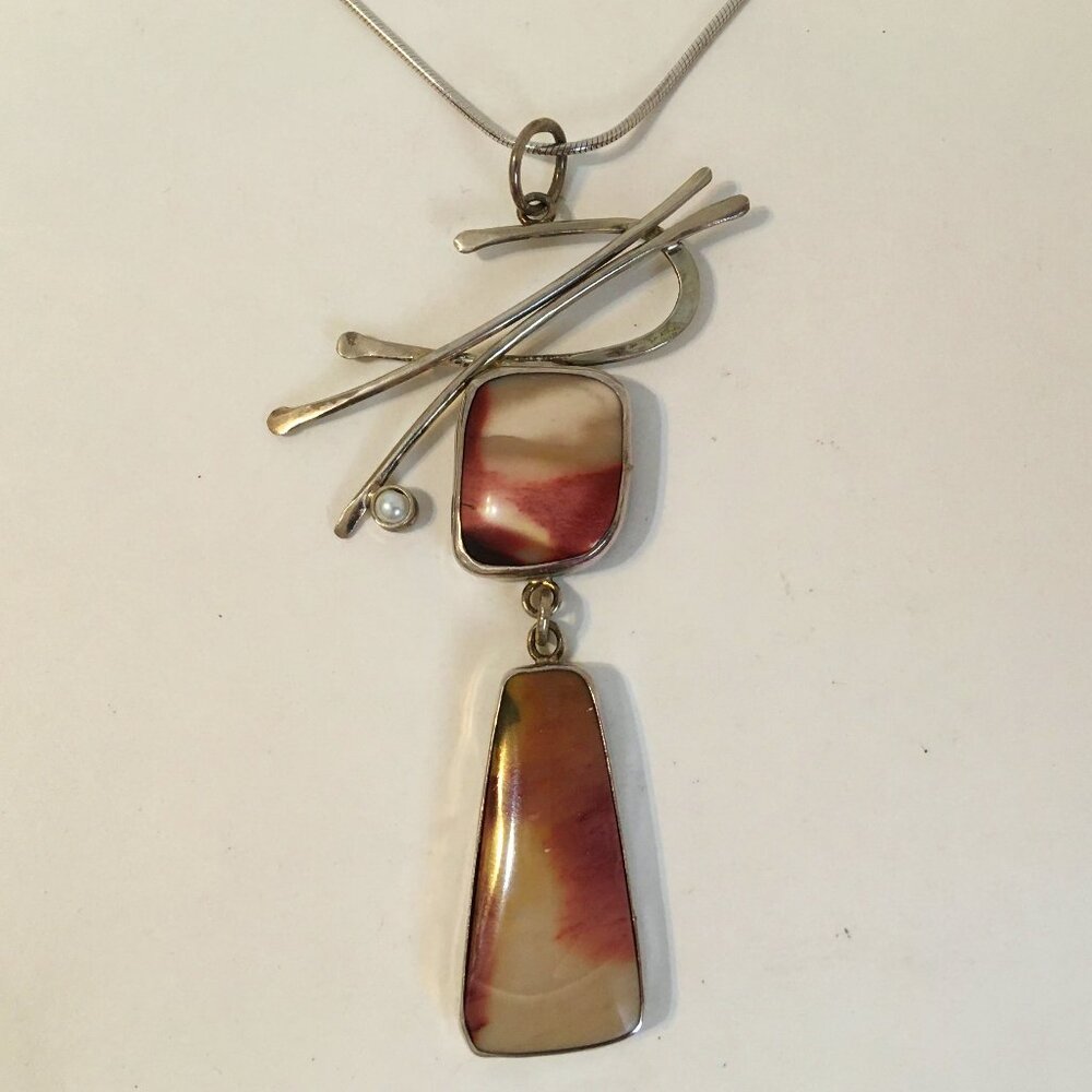 Statement Pendant Necklace Breciated Stone Pearl Sterling Silver Handmade New